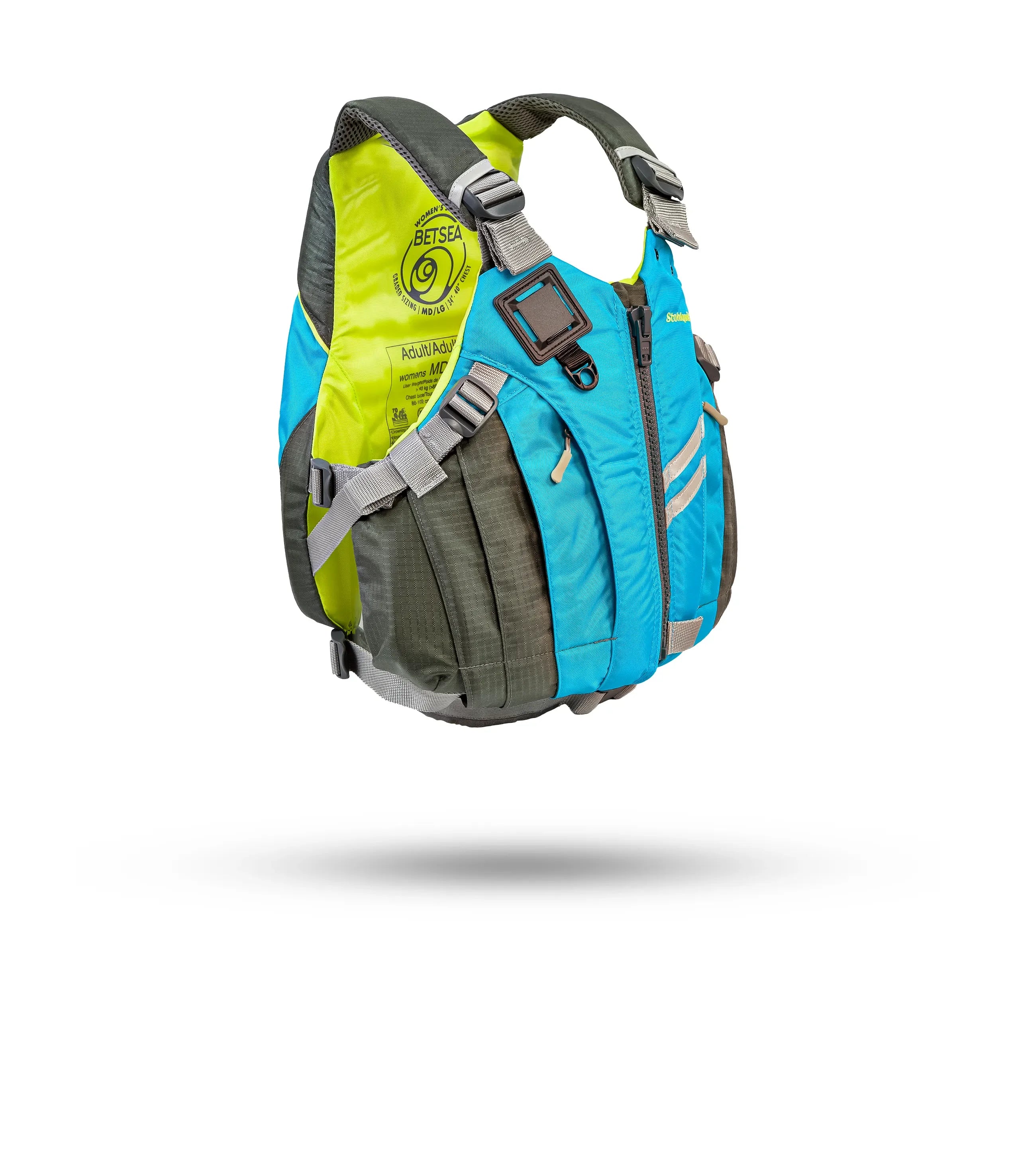 Stohlquist Betsea cyan blue kayaking life jacket with adjustable straps and front zipper