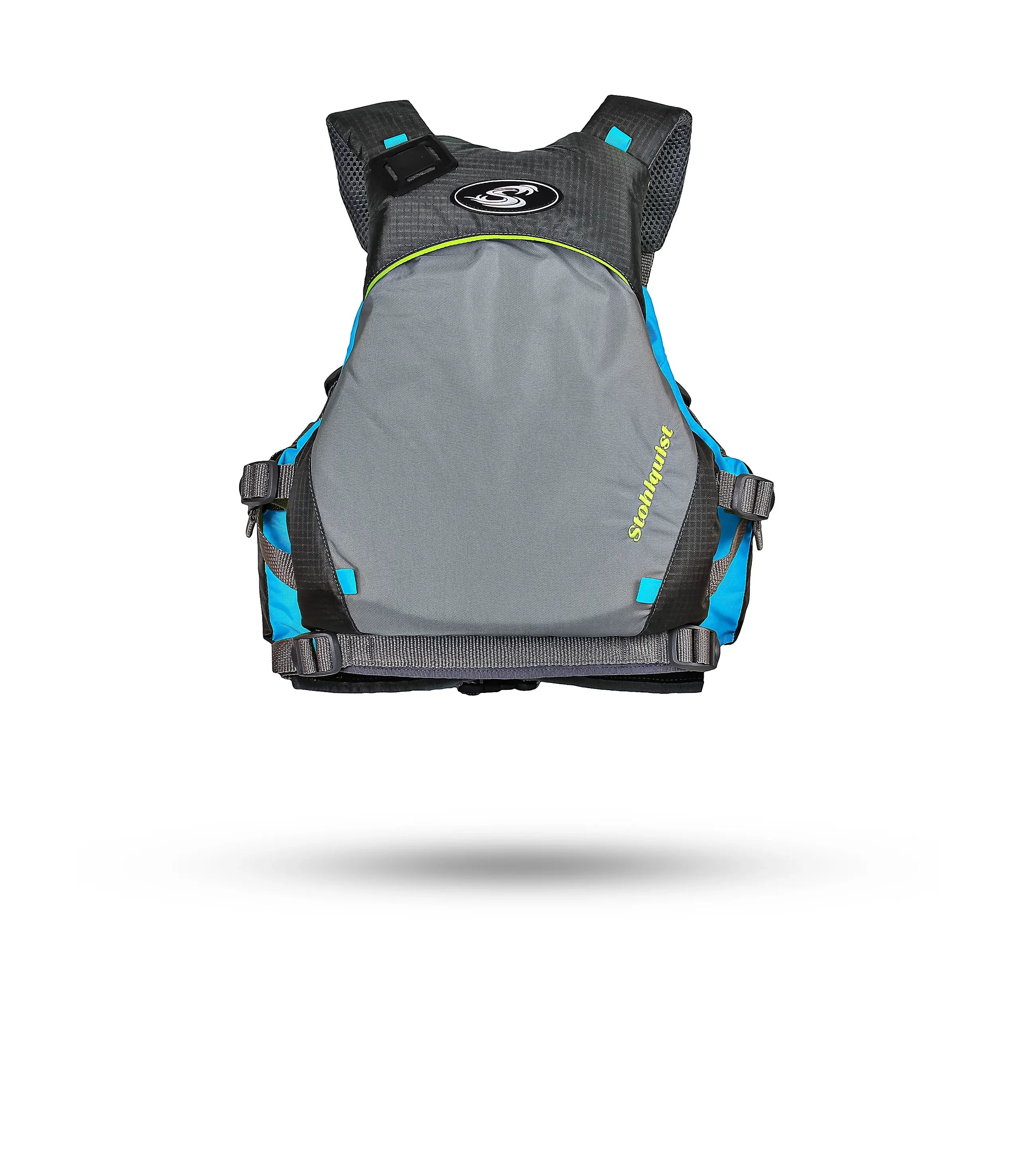 Stohlquist gray kayaking life jacket with blue accents, front view, adjustable straps