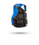 Stohlquist black and blue kayaking life jacket with adjustable straps, side view