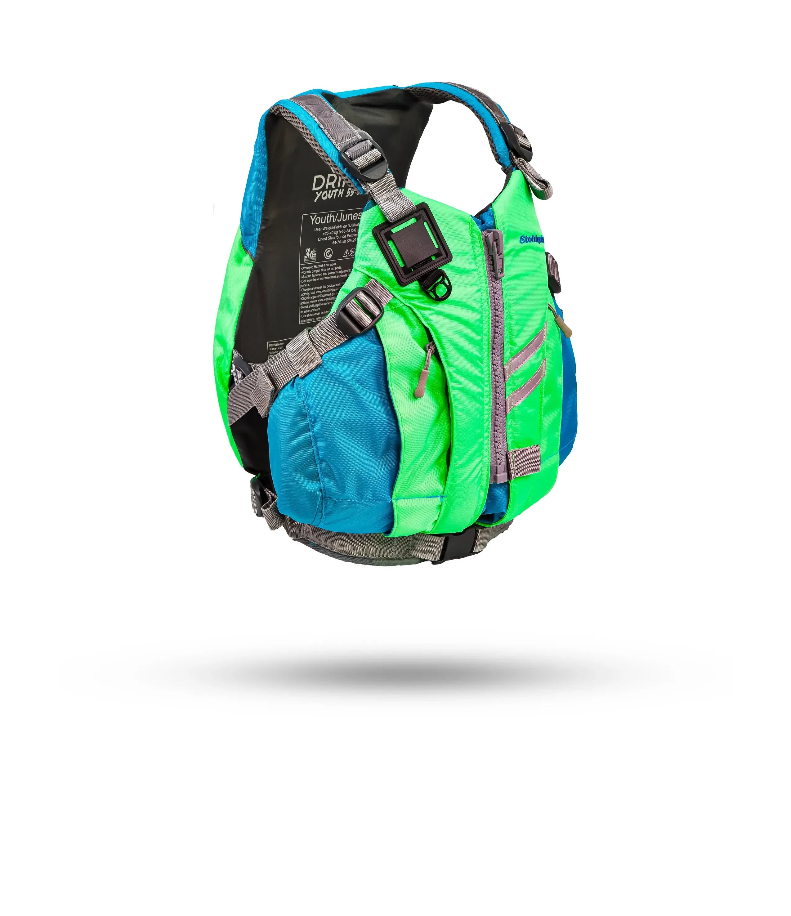 Stohlquist youth green and blue kayaking life jacket with safety straps and front pocket