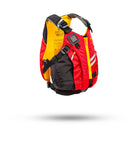 Stohlquist youth kayaking and paddling life jacket in red, yellow, and black on white background