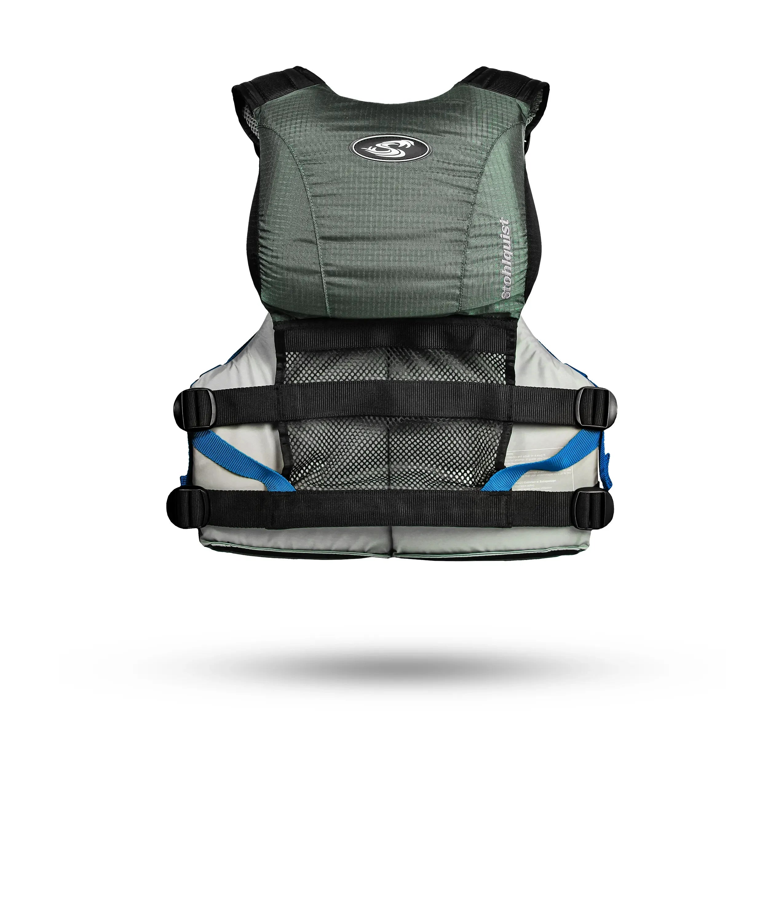 Stohlquist green kayak life jacket with adjustable straps and mesh back, back view