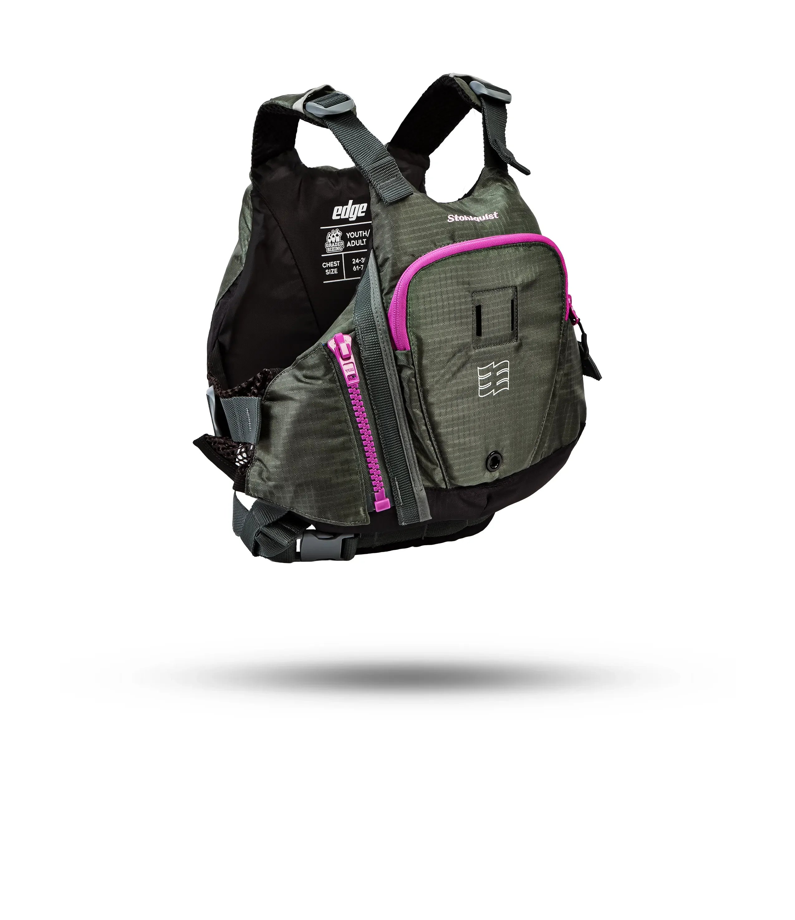 Stohlquist gray kayaking life jacket with pink trim, adjustable straps, and front pocket.