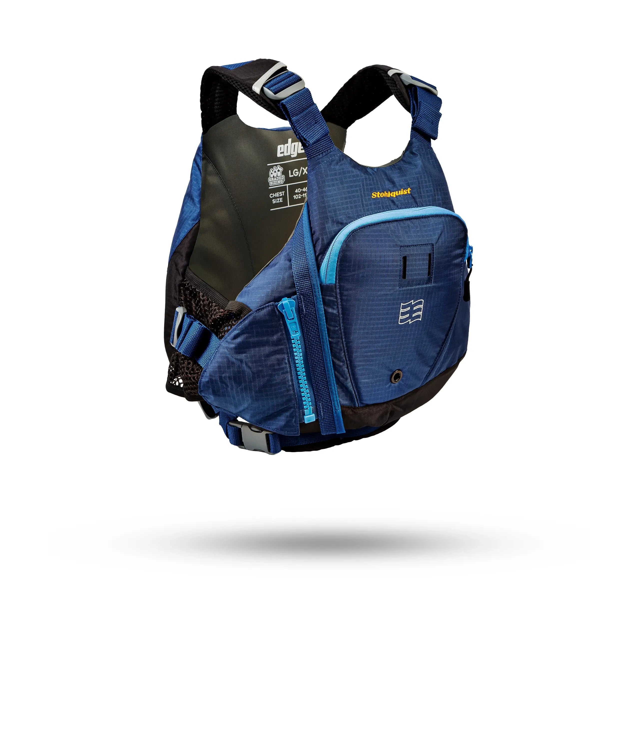 Stohlquist blue kayaking life jacket with front pocket and adjustable straps, side view