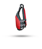 Stohlquist red youth kayaking life jacket with adjustable straps, side view on white background