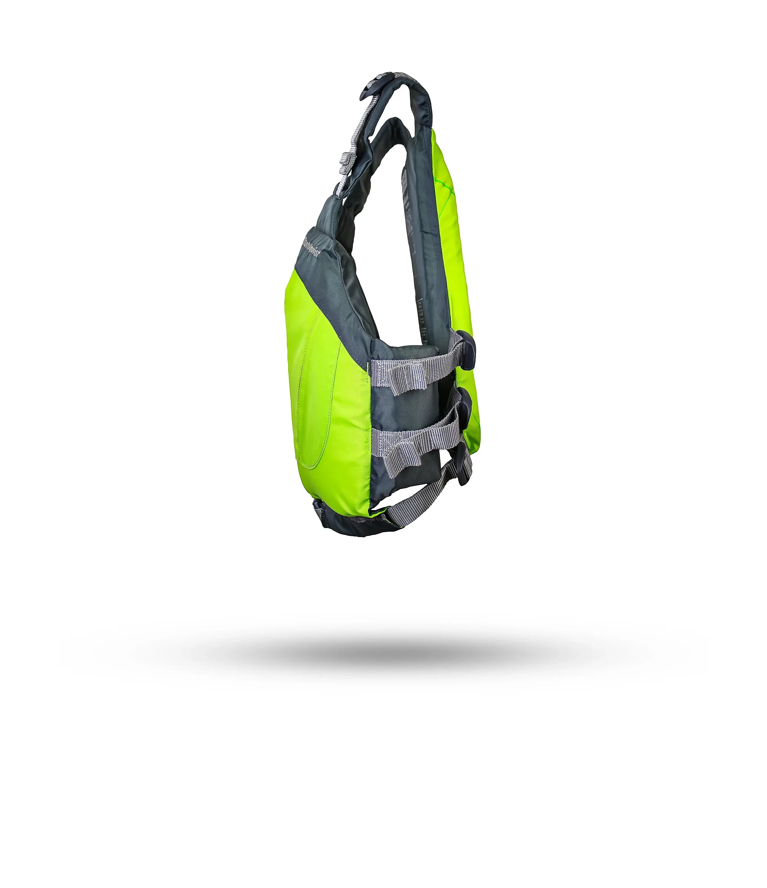 Stohlquist lime green kayaking life jacket with adjustable straps, side view, on white background