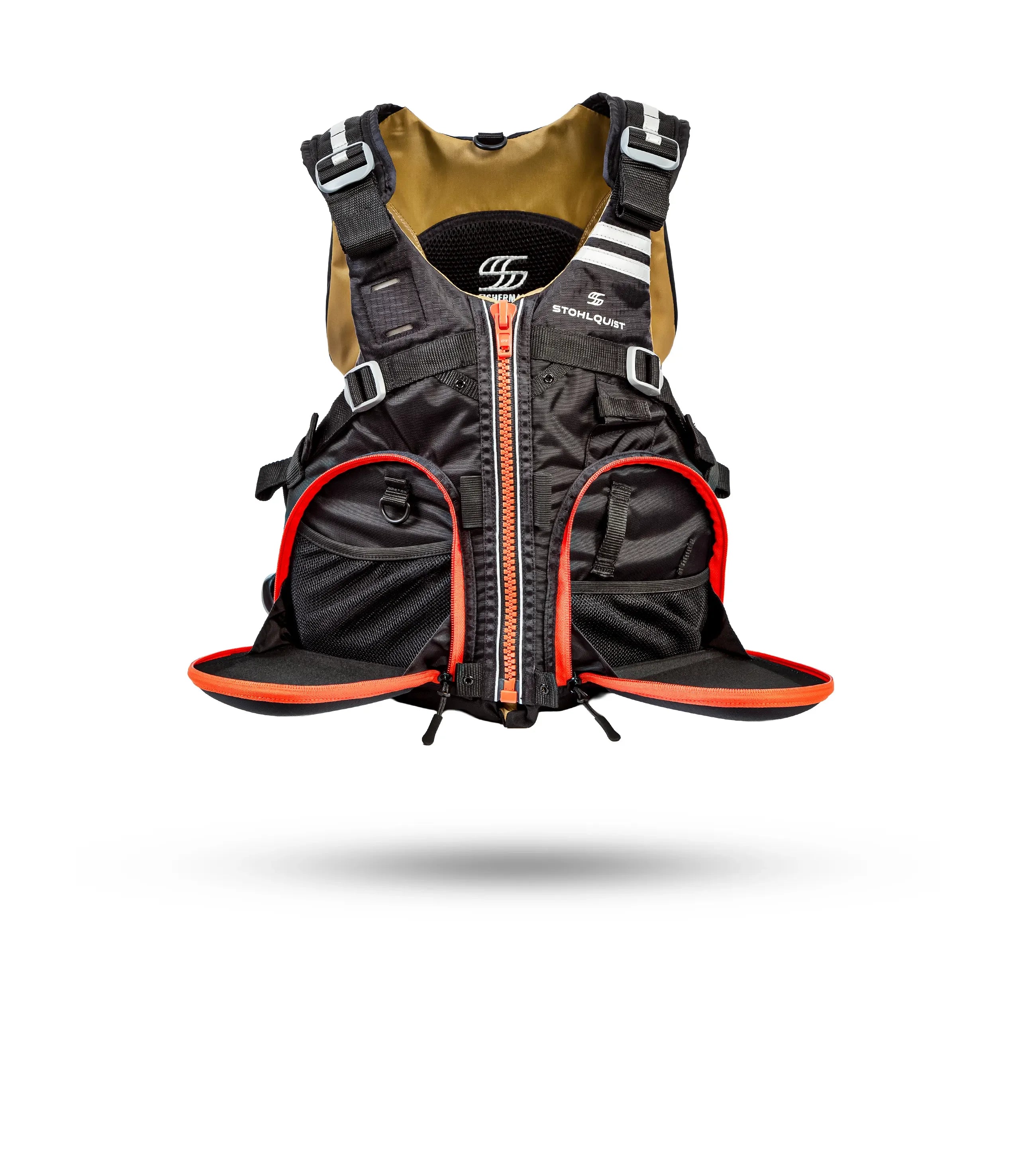 Stohlquist black fishing life jacket with front zipper, large pockets, and reflective accents.