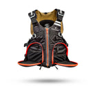 Stohlquist black fishing life jacket with front zipper, large pockets, and reflective accents.