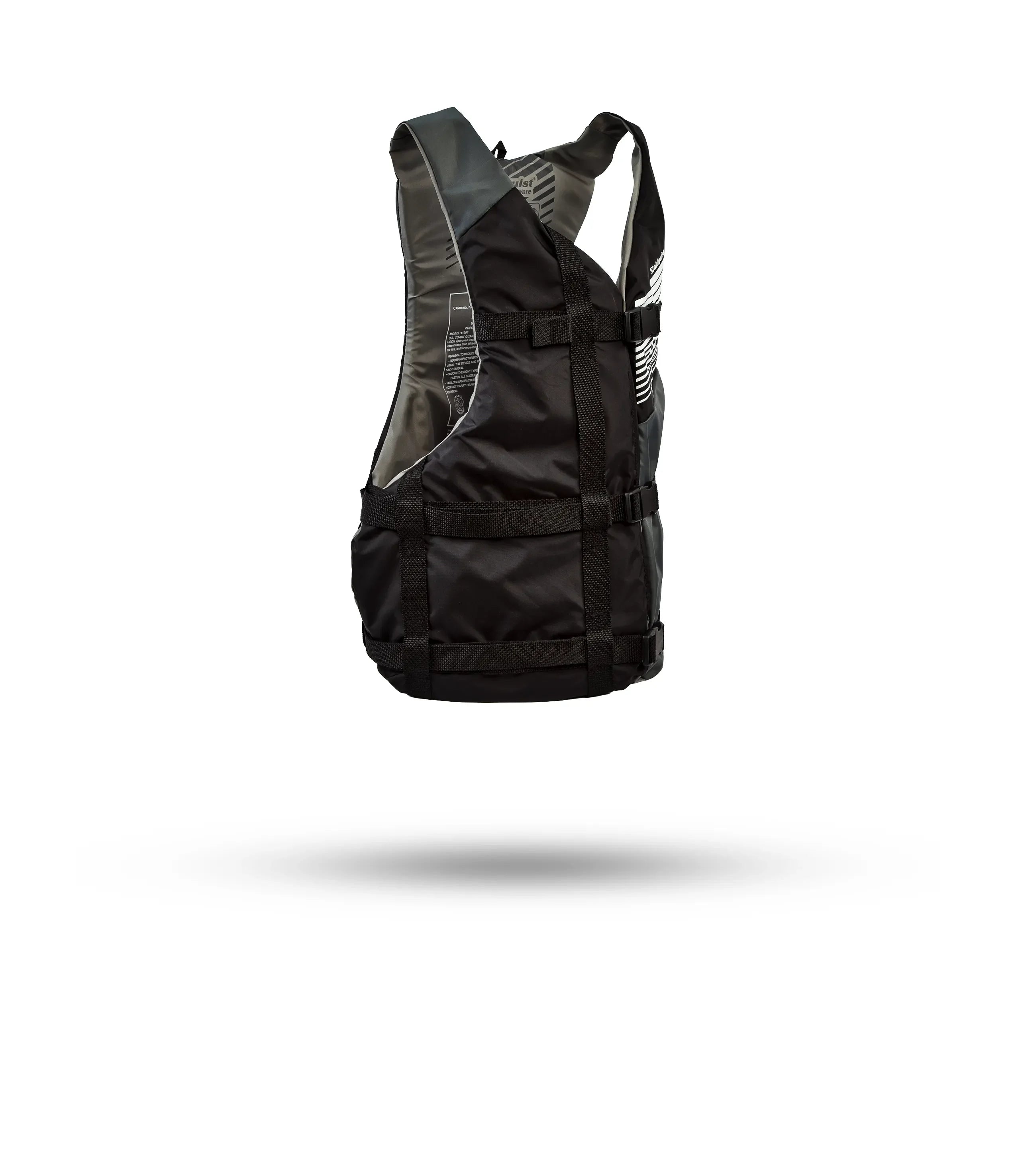 Stohlquist black kayak life jacket with adjustable straps, side view on white background