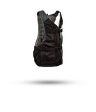 Stohlquist black kayak life jacket with adjustable straps, side view on white background