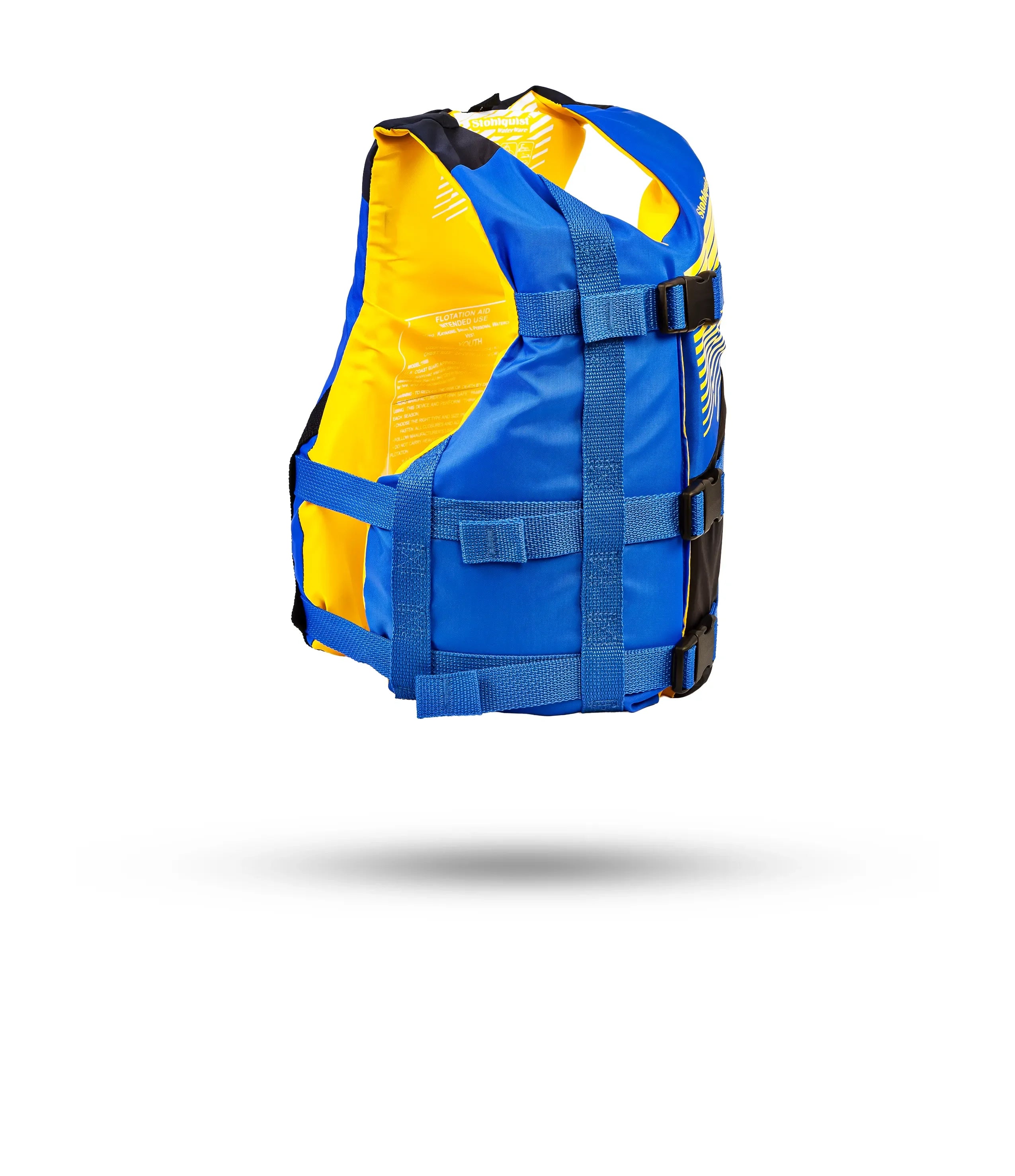 Stohlquist youth blue and black life jacket with adjustable straps, side view on white