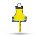 Back view of Stohlquist blue and yellow kids' kayaking life jacket with safety strap