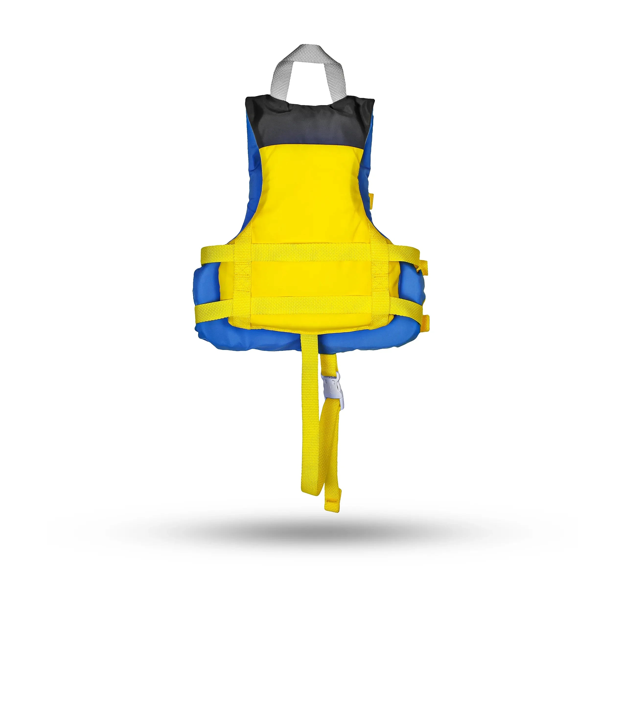 Back view of Stohlquist blue and yellow kids' kayaking life jacket with safety strap