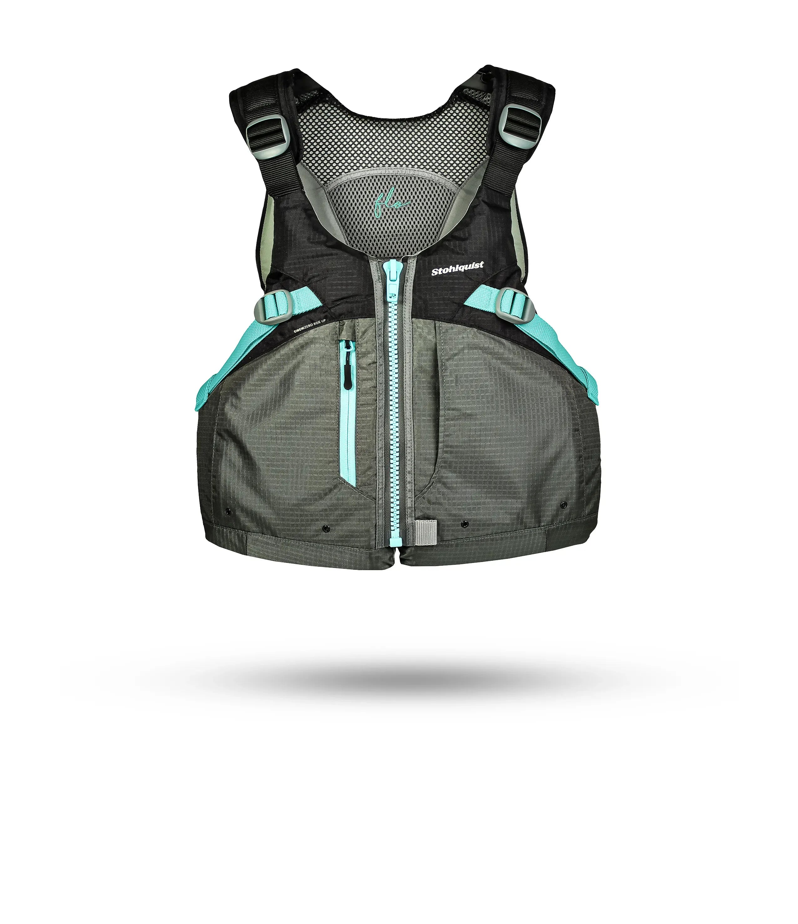 Stohlquist gray and teal kayaking life jacket with front zipper and adjustable straps