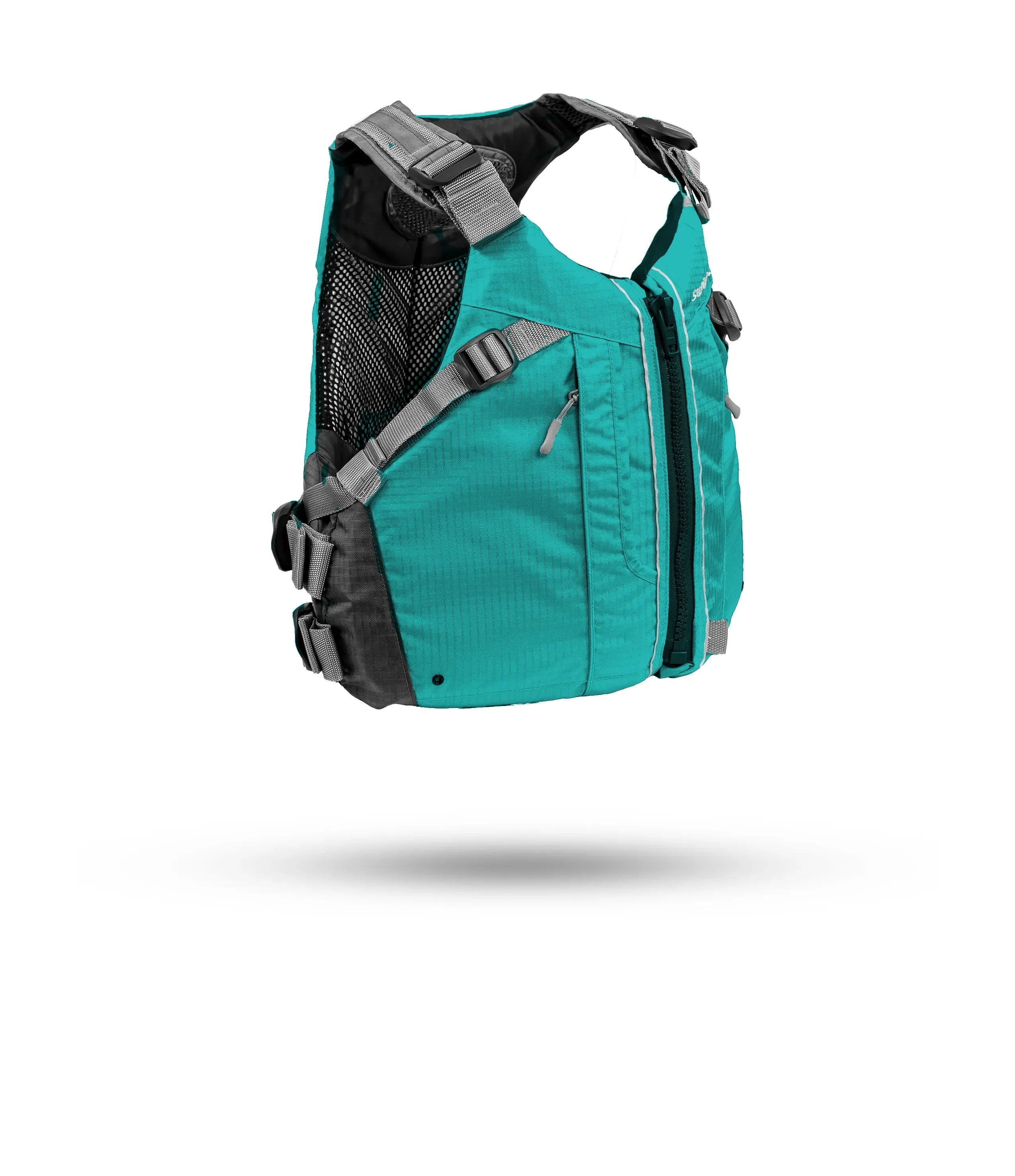 Stohlquist turquoise kayaking life jacket with adjustable straps and mesh panel