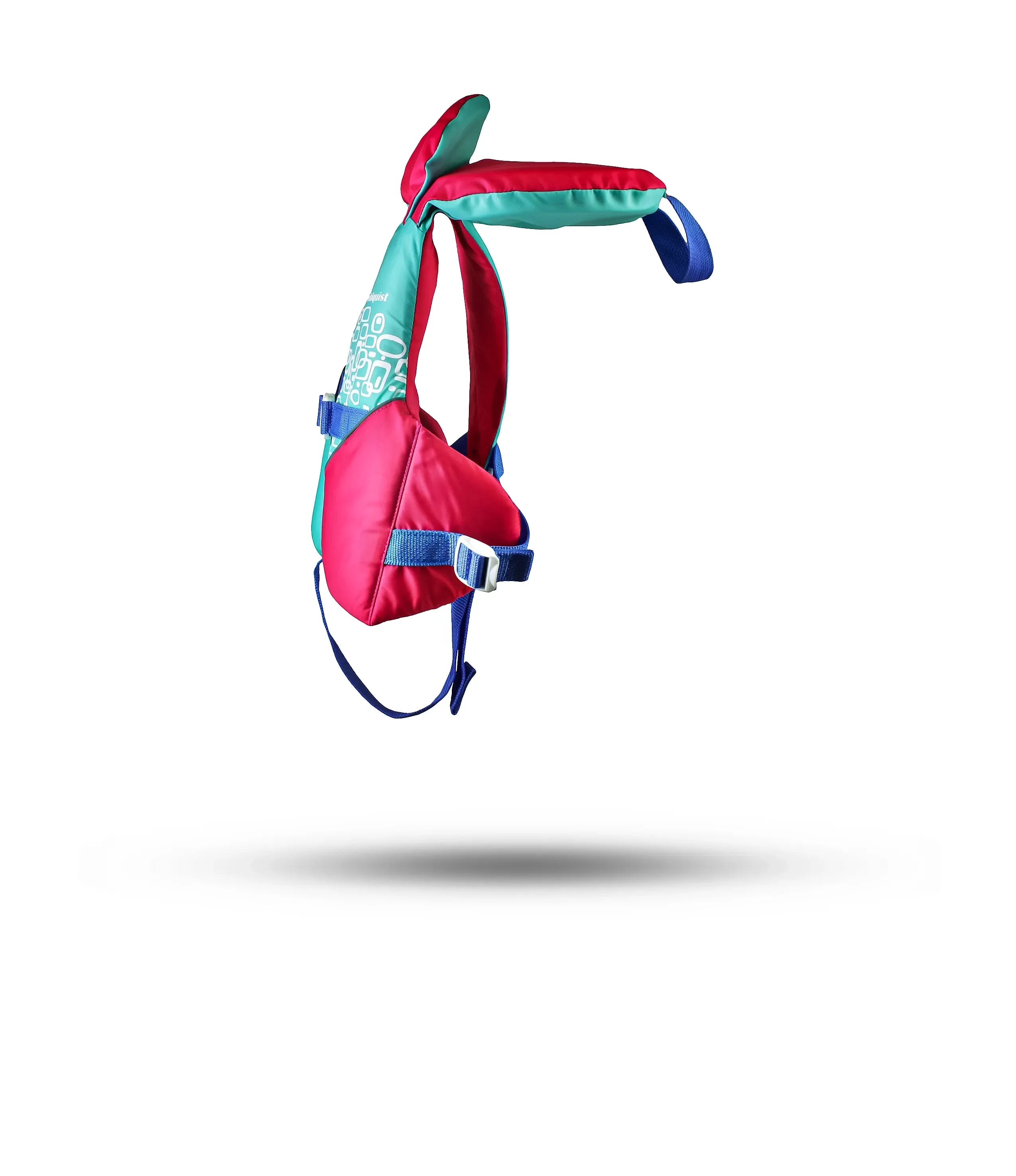 Stohlquist infant aqua pink life jacket with blue straps, side view on white background