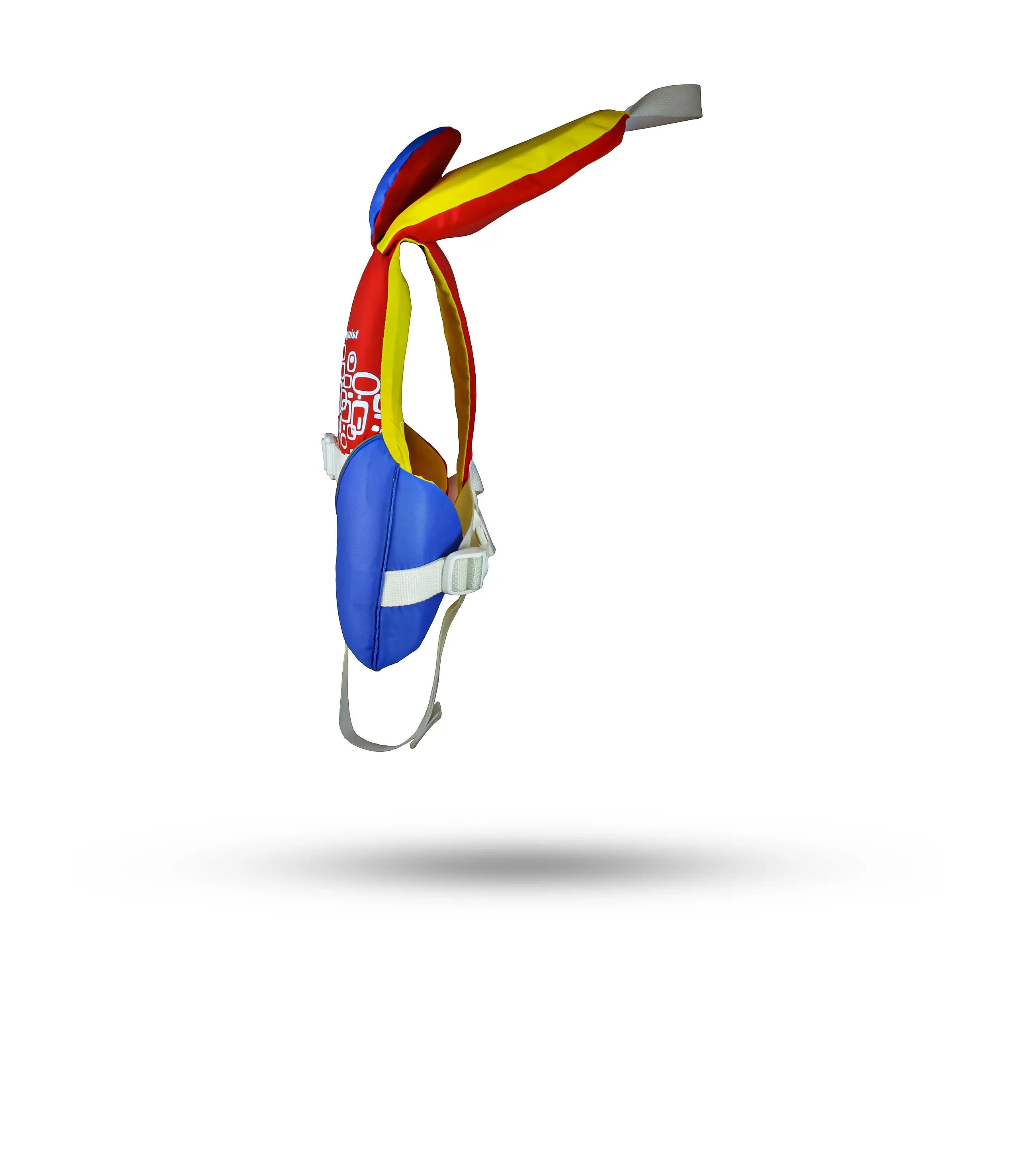 Stohlquist infant life jacket in yellow, orange, and blue with safety straps, side view