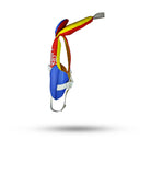 Stohlquist infant life jacket in yellow, orange, and blue with safety straps, side view