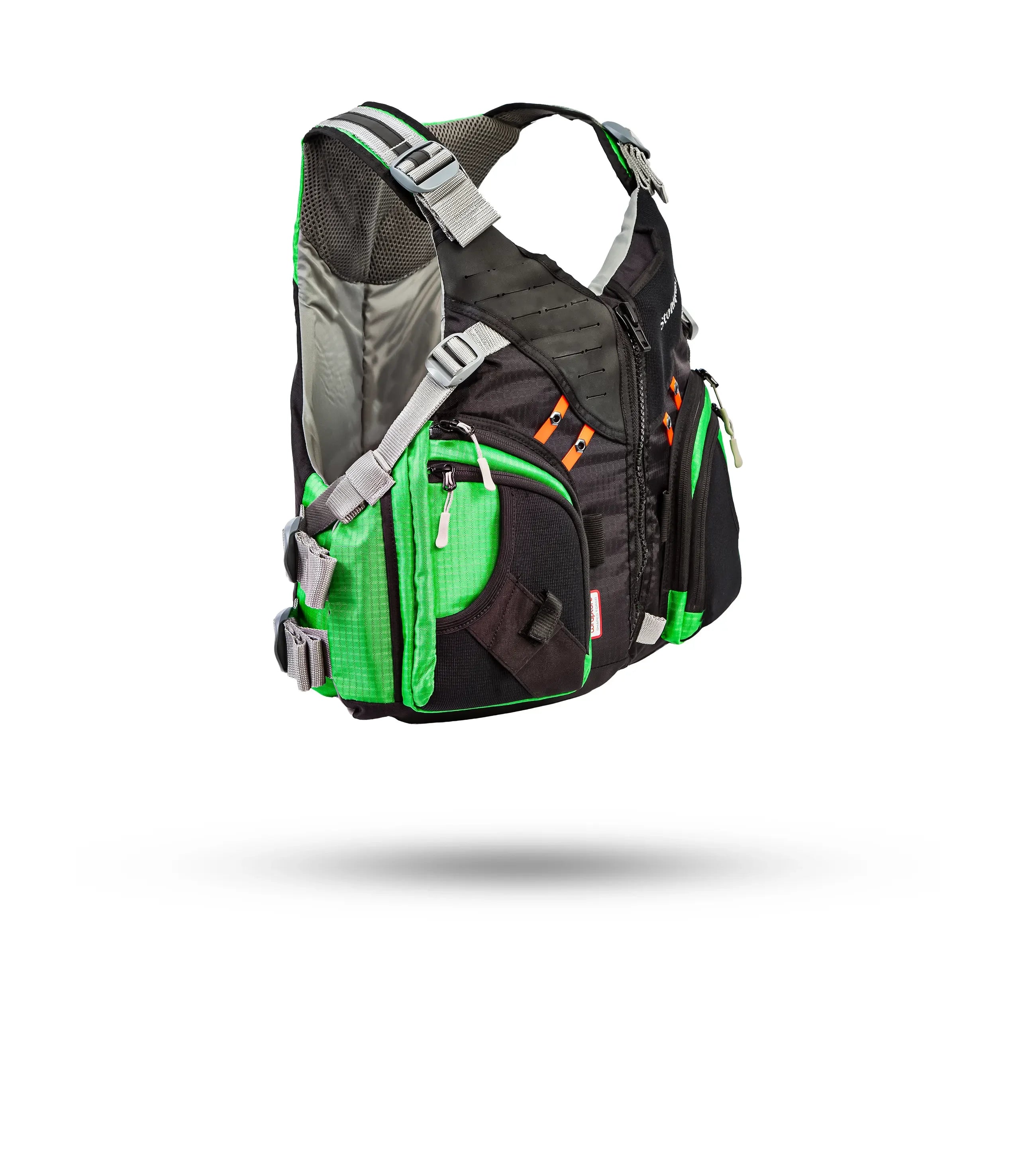 Stohlquist electric lime kayak life jacket with multiple pockets and adjustable straps