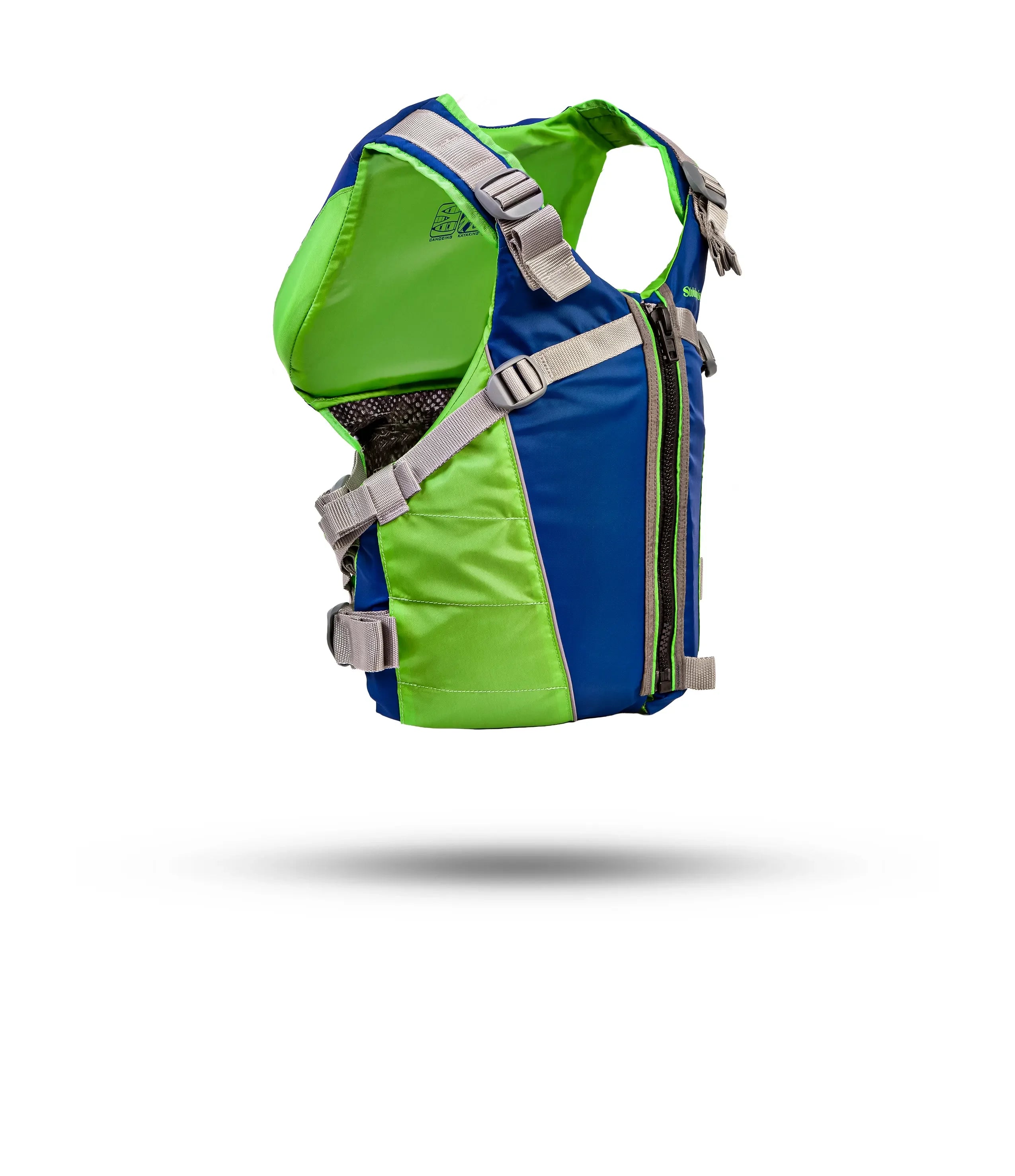 Stohlquist blue and green kayak life jacket with adjustable straps, side view