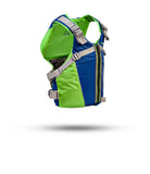 Stohlquist blue and green kayak life jacket with adjustable straps, side view
