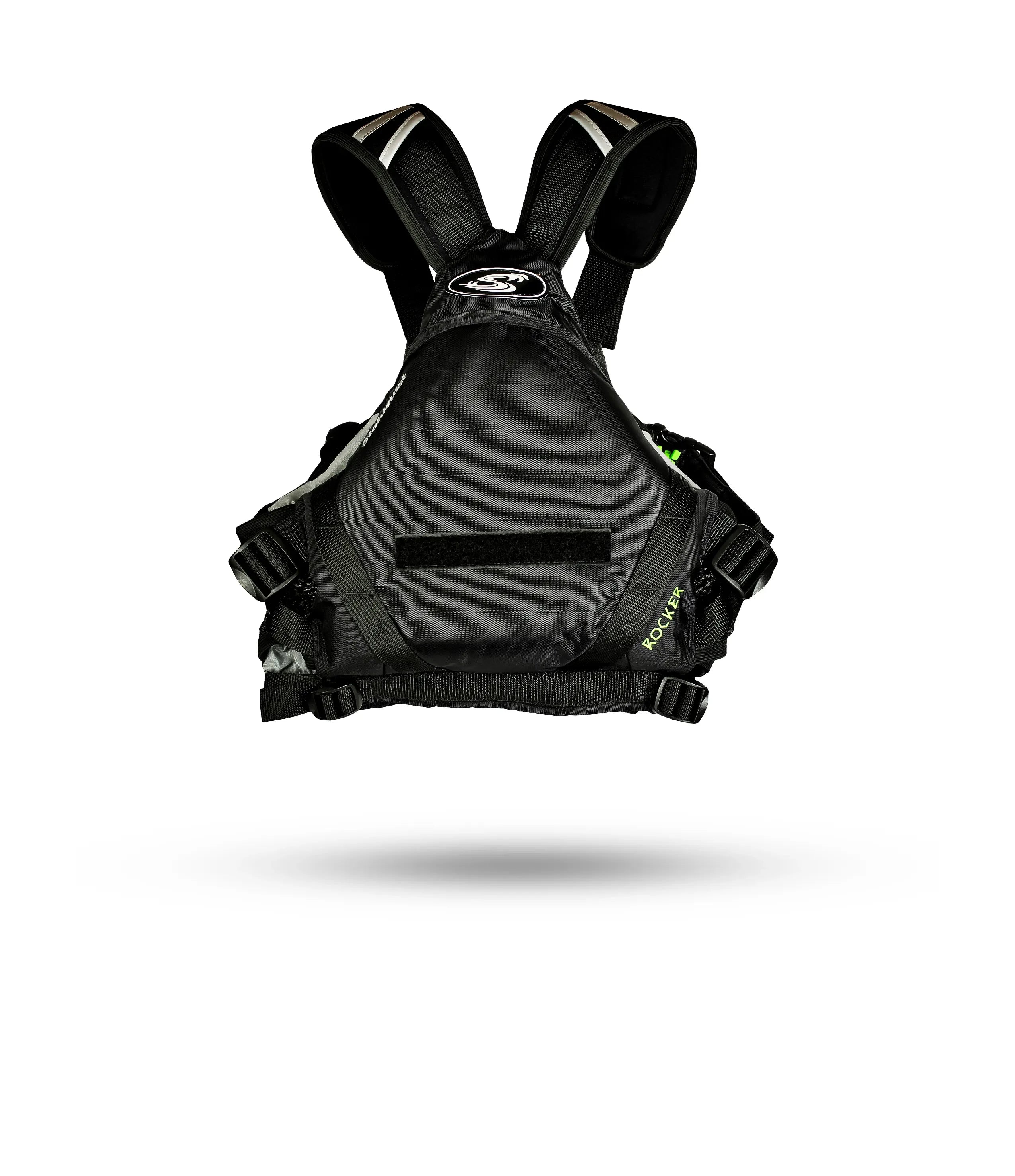 Stohlquist black kayaking life jacket with adjustable straps, front view, model Rocket