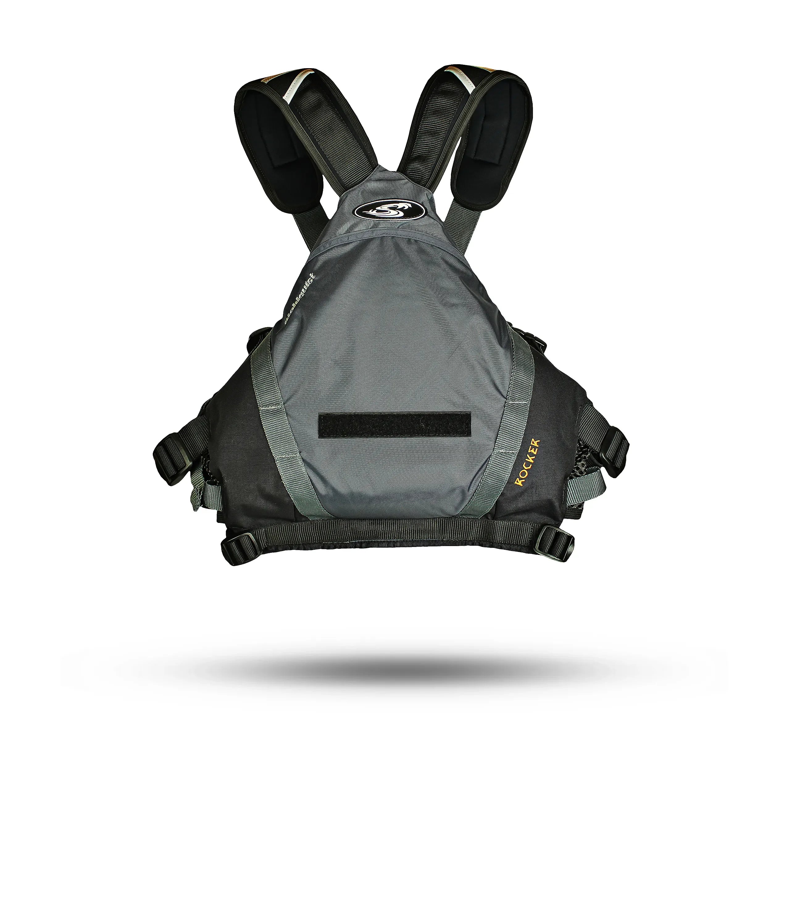 Stohlquist gray kayaking life jacket, back view, adjustable straps, safety gear