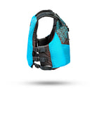 Stohlquist women’s blue kayak life jacket with geometric pattern, side view on white background