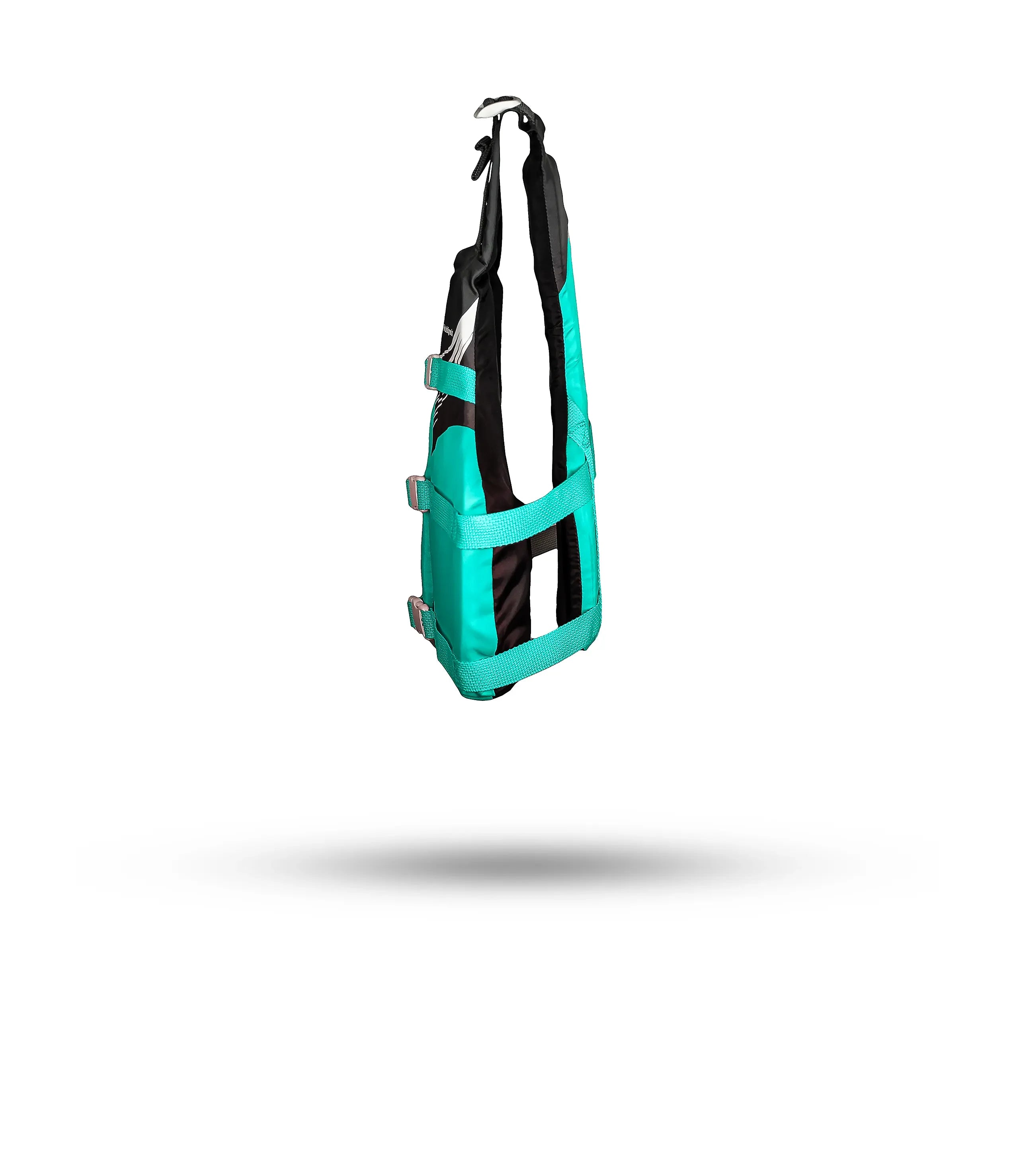 Stohlquist aqua gray kayaking life jacket with adjustable straps, side view on white background