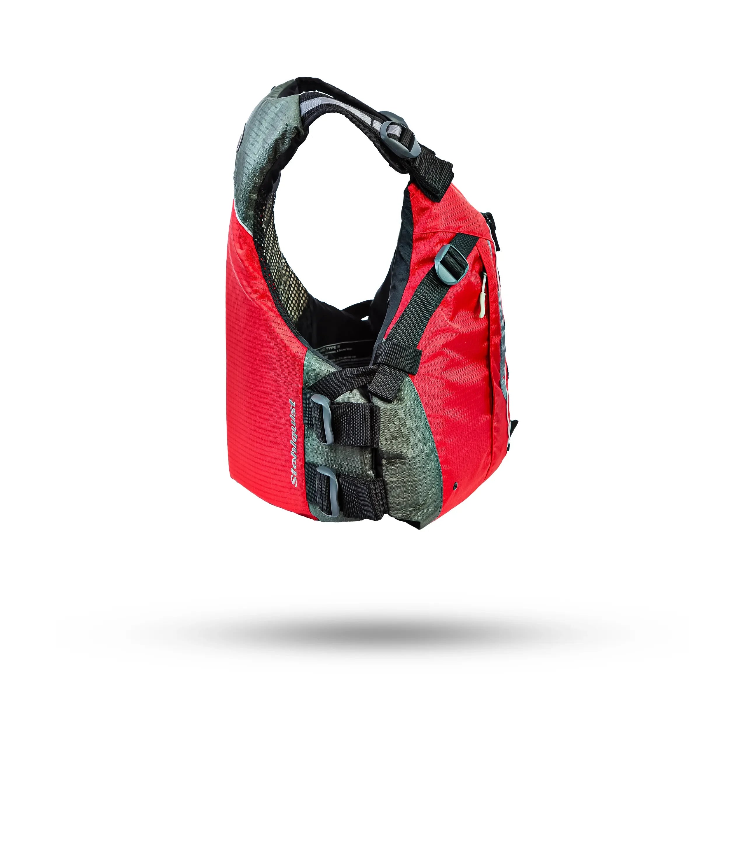 Stohlquist red kayaking life jacket with black straps and mesh back, isolated on white