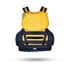 Stohlquist youth yellow life jacket with black straps, designed for kayaking safety.