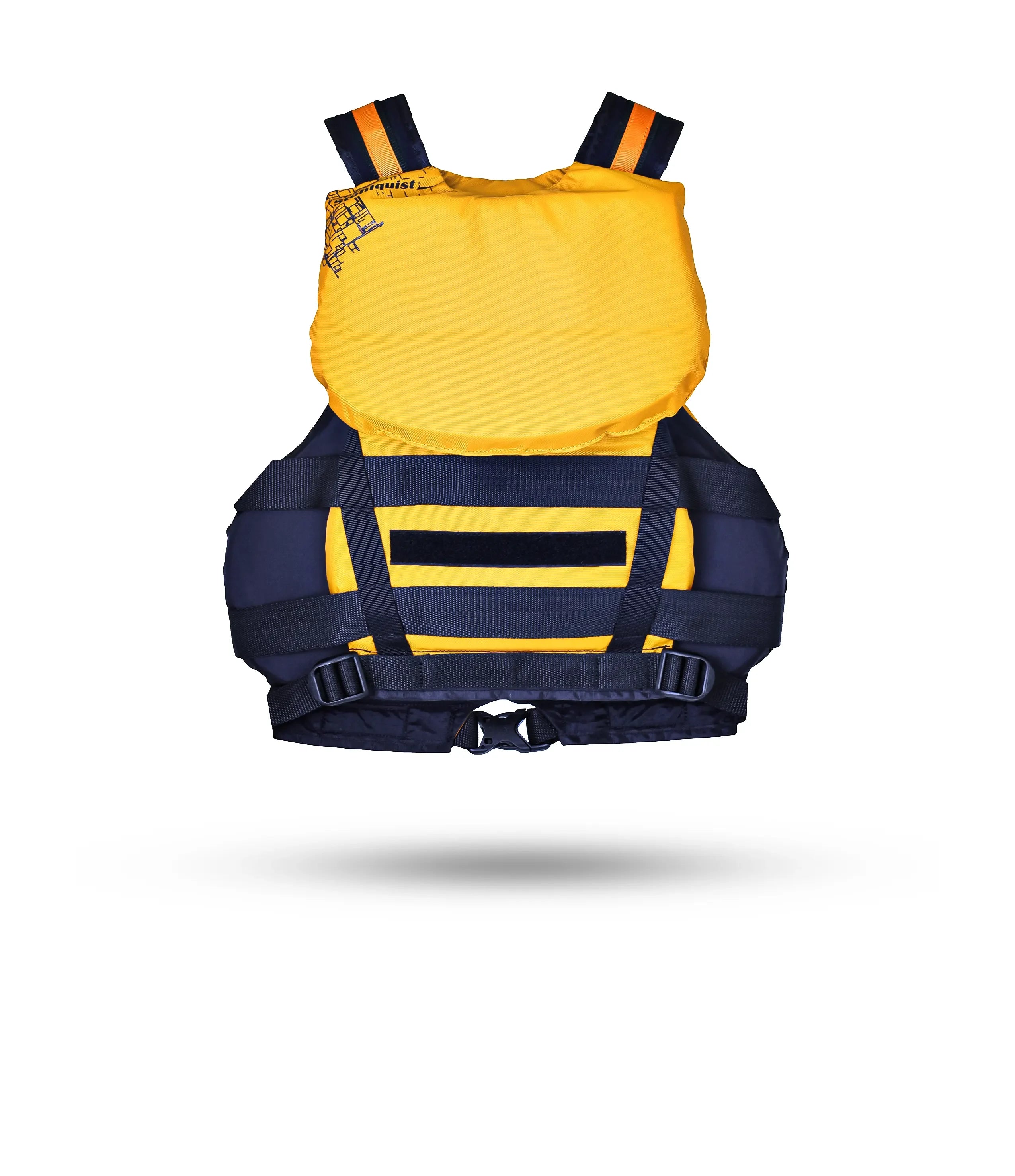 Stohlquist youth yellow life jacket with black straps, designed for kayaking safety.
