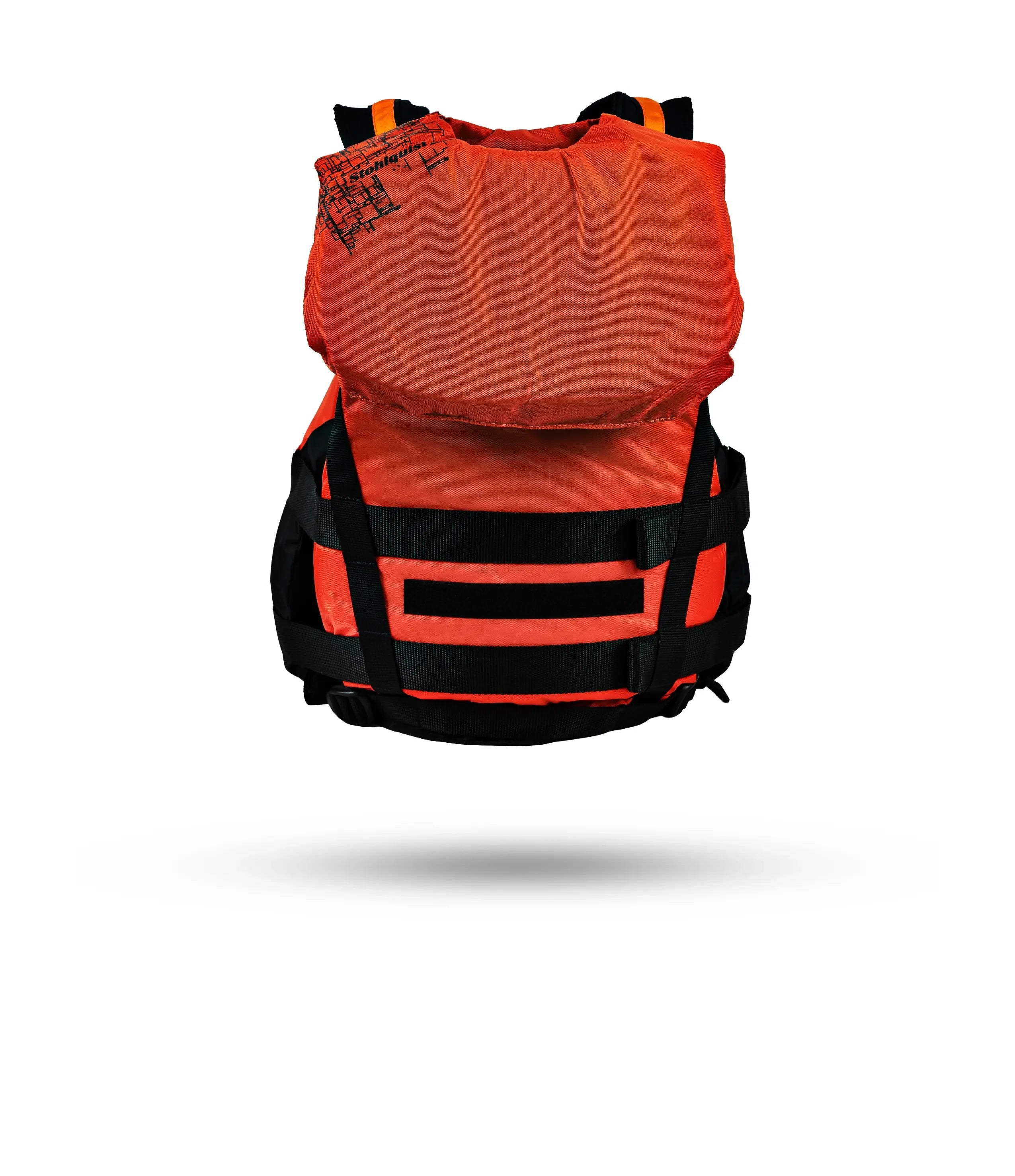 Stohlquist orange kayaking life jacket with black straps, back view, safety gear