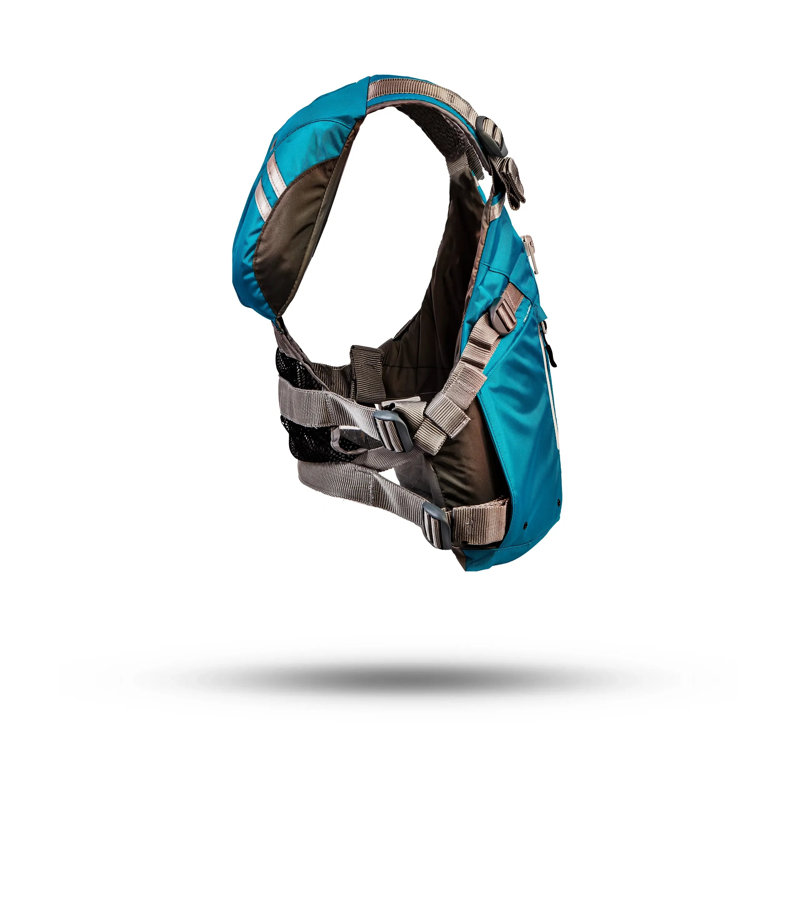Stohlquist turquoise and gray kayaking life jacket with adjustable straps, side view