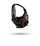 Stohlquist navy and black kayak life jacket with adjustable straps, floating on white background