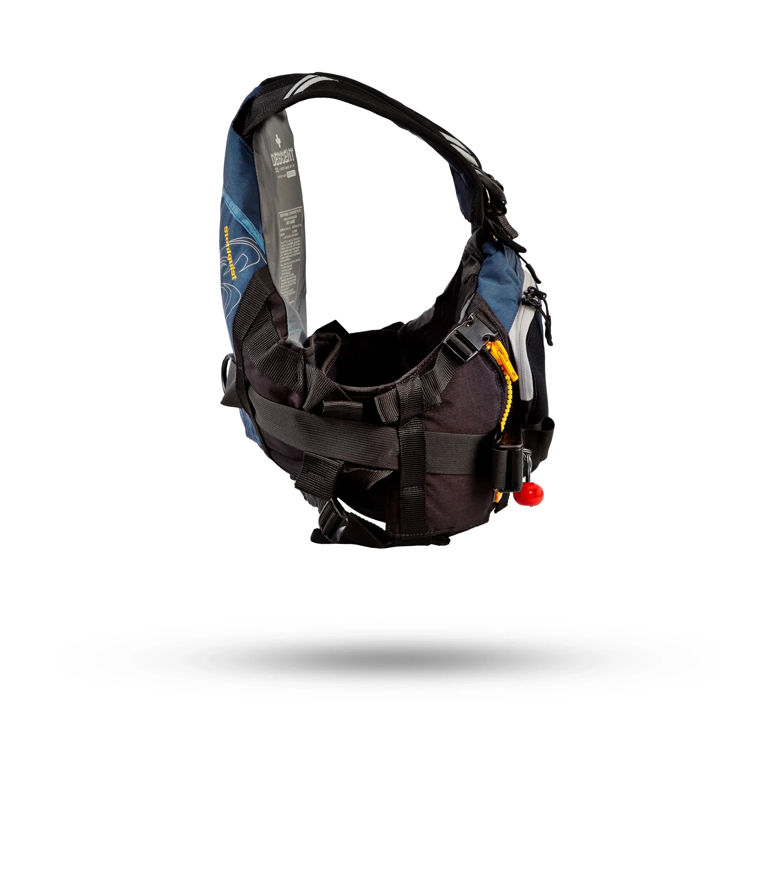 Stohlquist navy and black kayak life jacket with adjustable straps, floating on white background