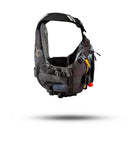 Stohlquist black kayaking life jacket with adjustable straps and safety features, side view.