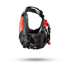 Stohlquist red and black kayaking life jacket with multiple straps, side view on white background