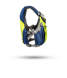 Stohlquist blue and yellow kayaking life jacket with adjustable straps, side view on white