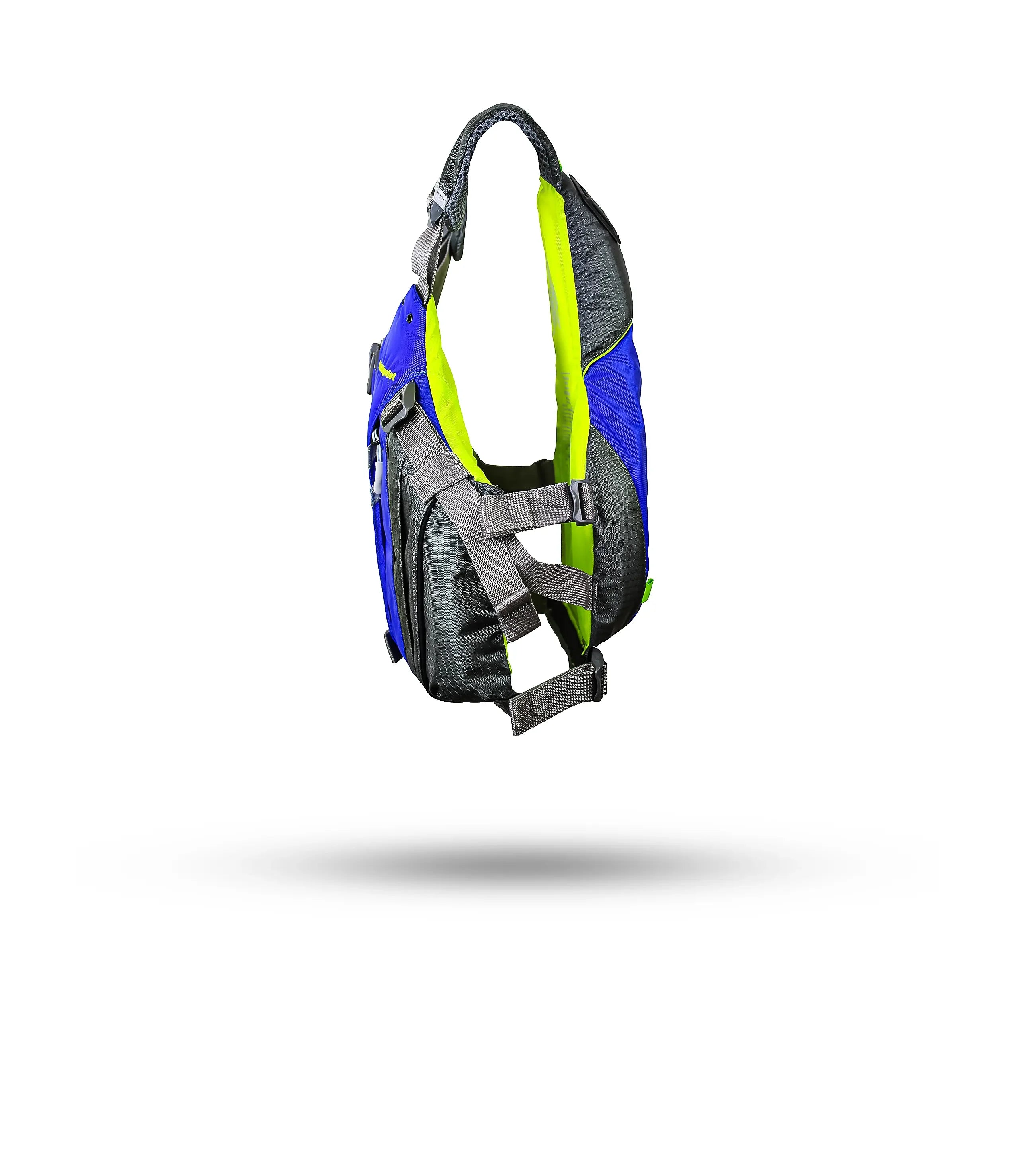 Stohlquist sapphire blue kayaking life jacket with gray straps and neon lining, side view