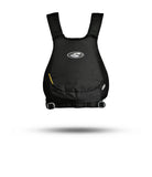 Stohlquist black kayaking life jacket, front view, with logo and adjustable straps.