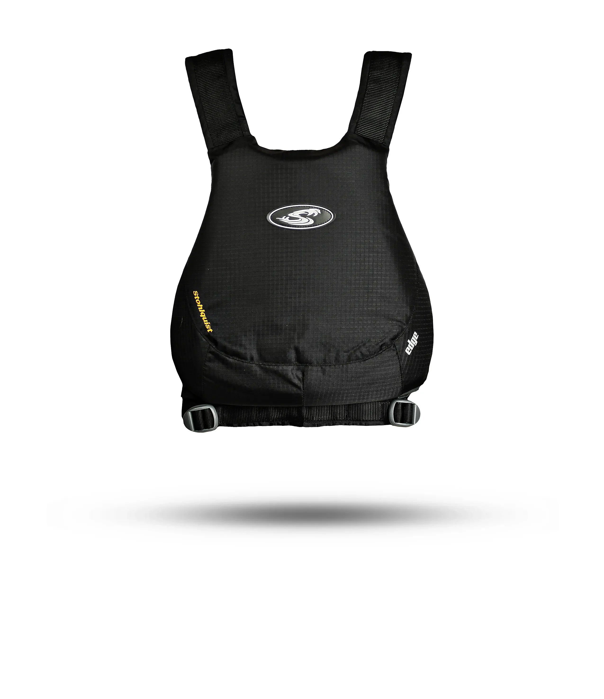 Stohlquist black kayaking life jacket, front view, with logo and adjustable straps.