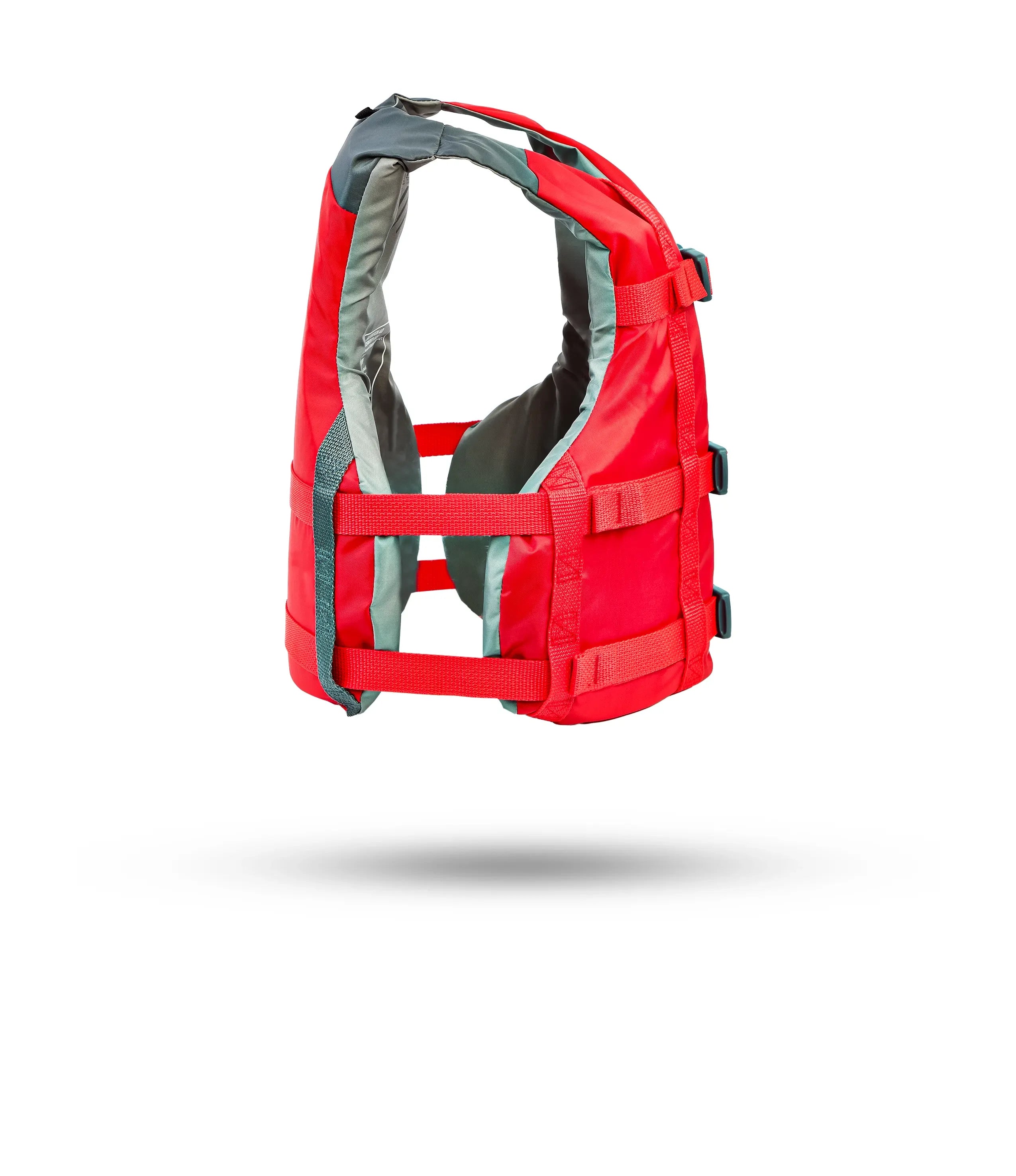 Stohlquist red and gray kayaking life jacket side view, adjustable straps, floating design