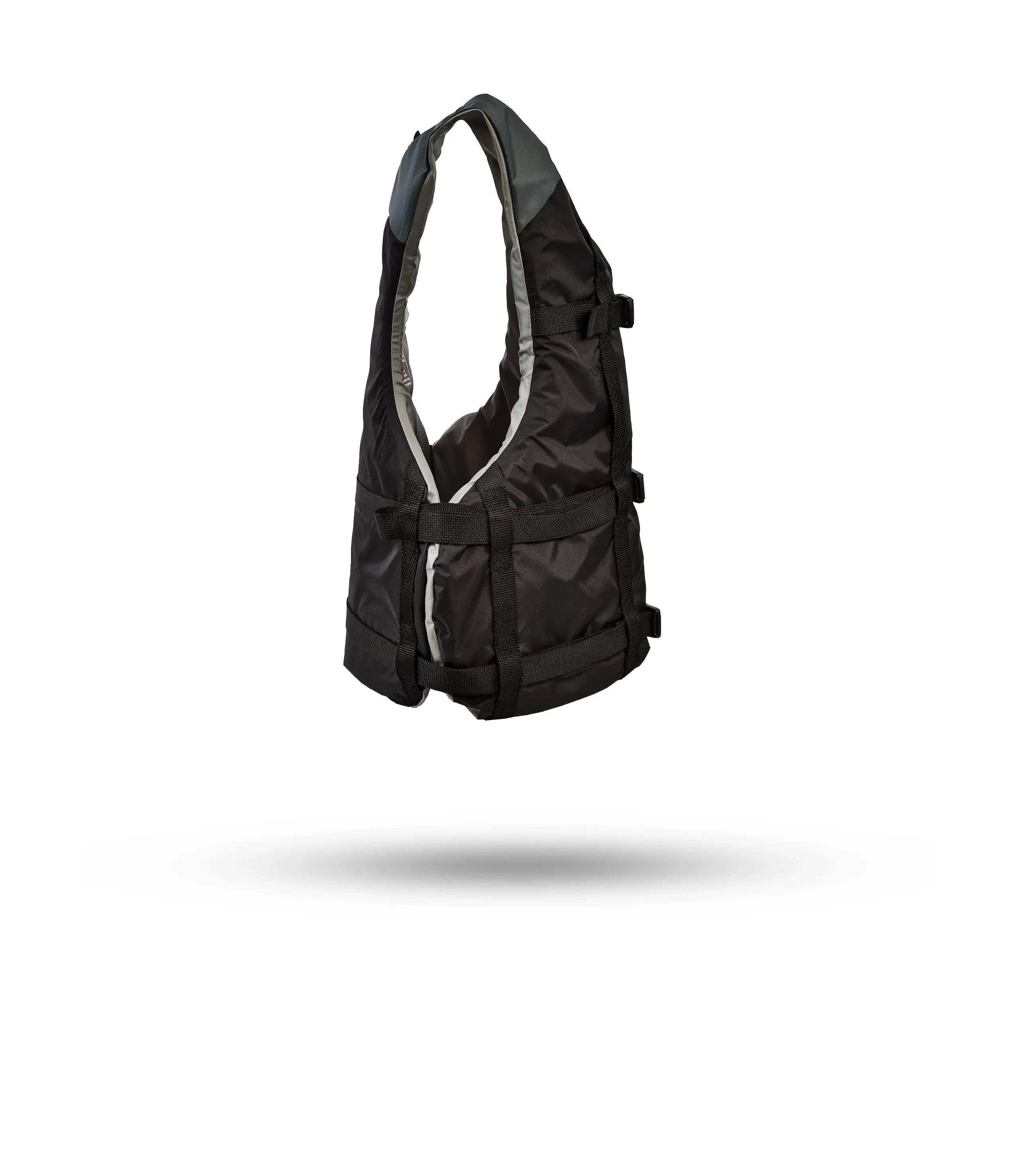 Stohlquist youth kayak life jacket in gray and black, side view on white background