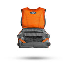 Stohlquist orange kayaking life jacket with adjustable gray straps, product back view