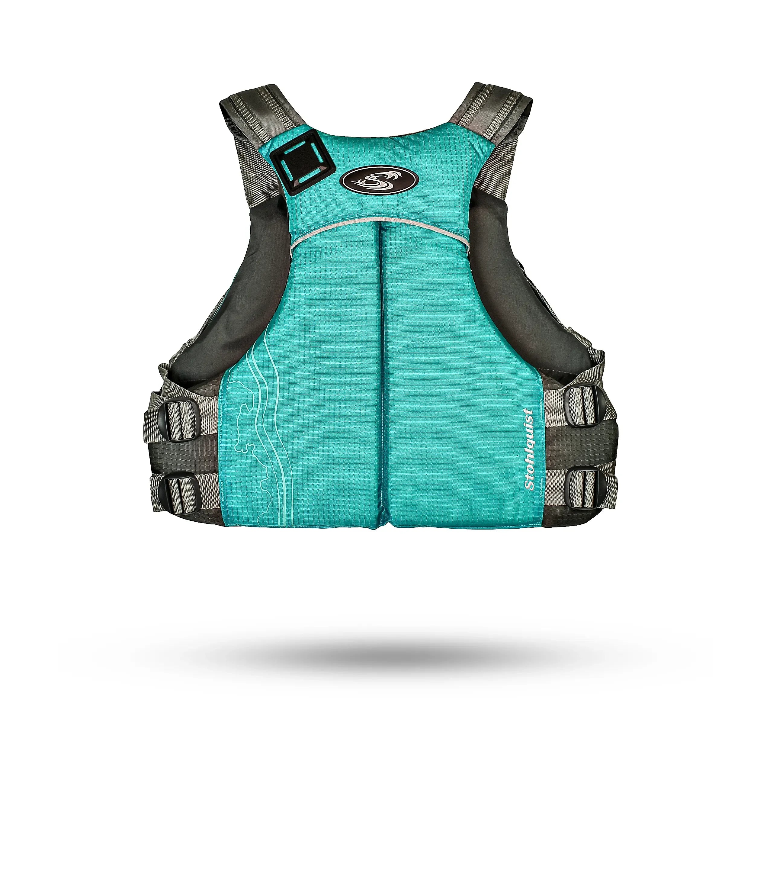 Stohlquist turquoise kayaking life jacket with adjustable straps, back view on white background