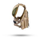 Stohlquist khaki kayaking life jacket with adjustable straps and pockets, side view