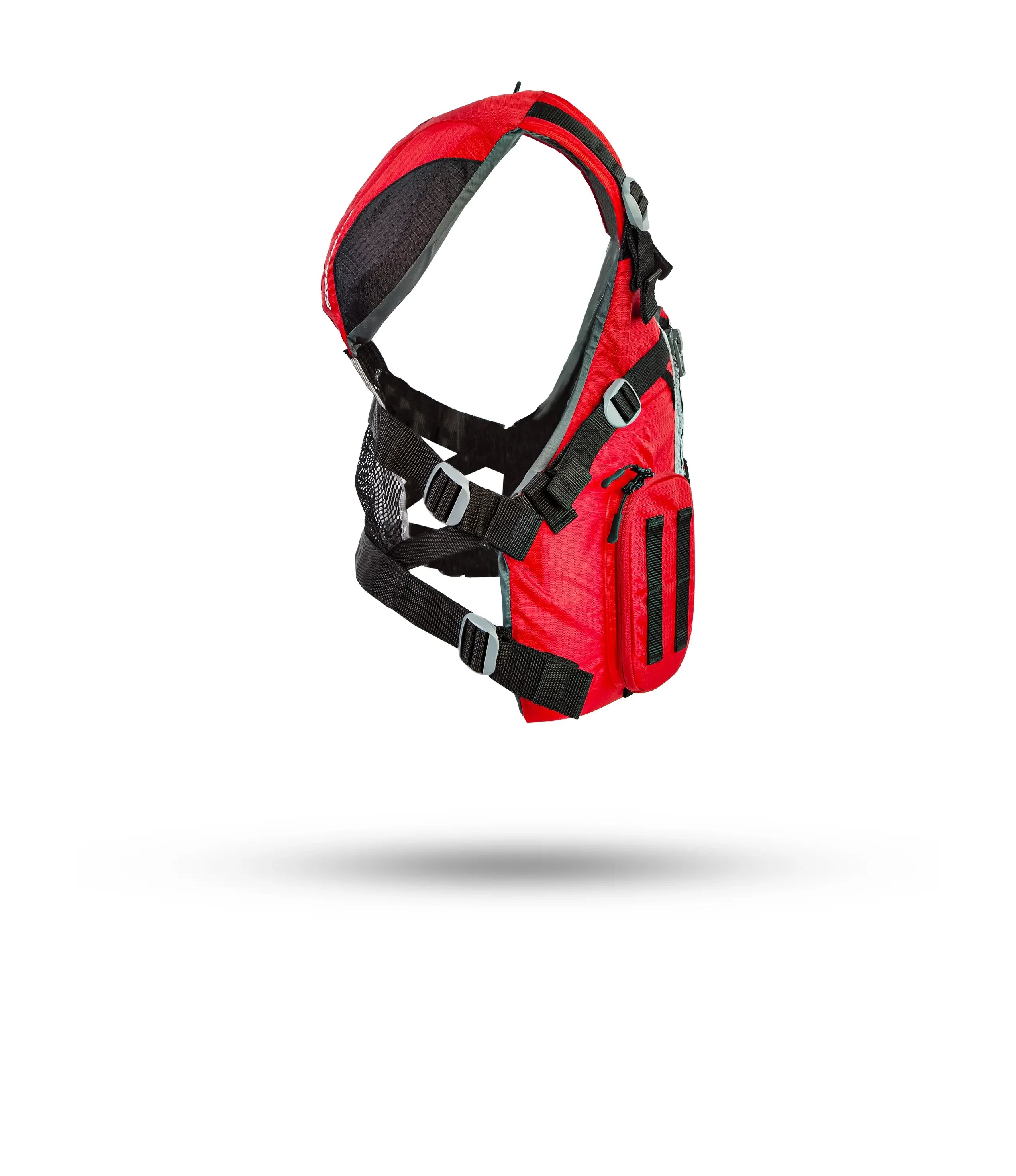 Stohlquist red kayak life jacket with adjustable straps and zippered pocket, side view