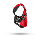 Stohlquist red kayak life jacket with adjustable straps and zippered pocket, side view