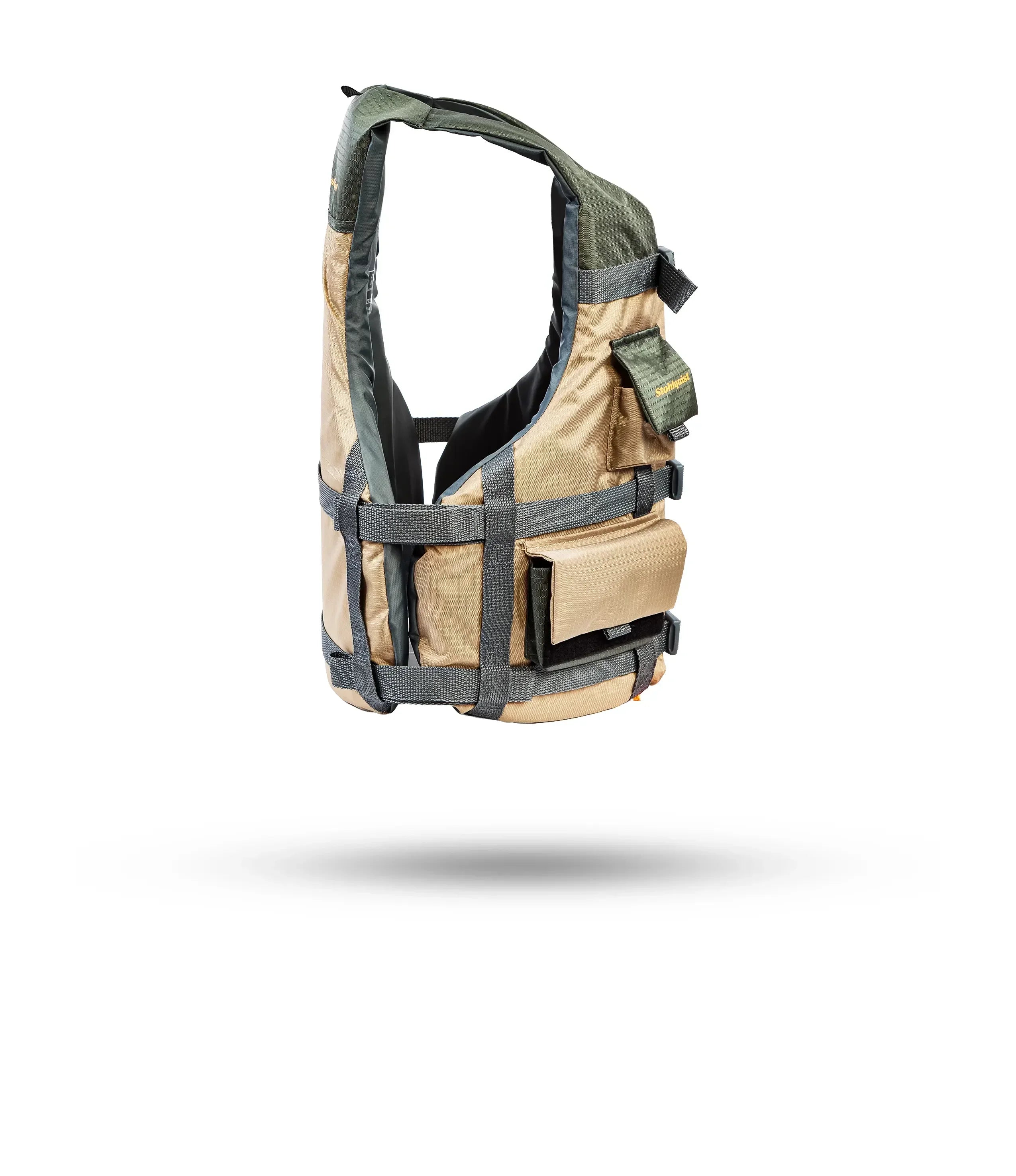 Stohlquist khaki kayaking life jacket with multiple pockets and adjustable straps on white background